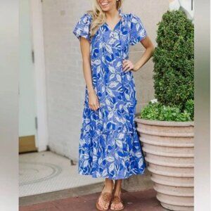 J. Marie The Kaia Ruffle Sleeve Maxi Dress Blue Floral Tiered‎ Feminine Sz Small